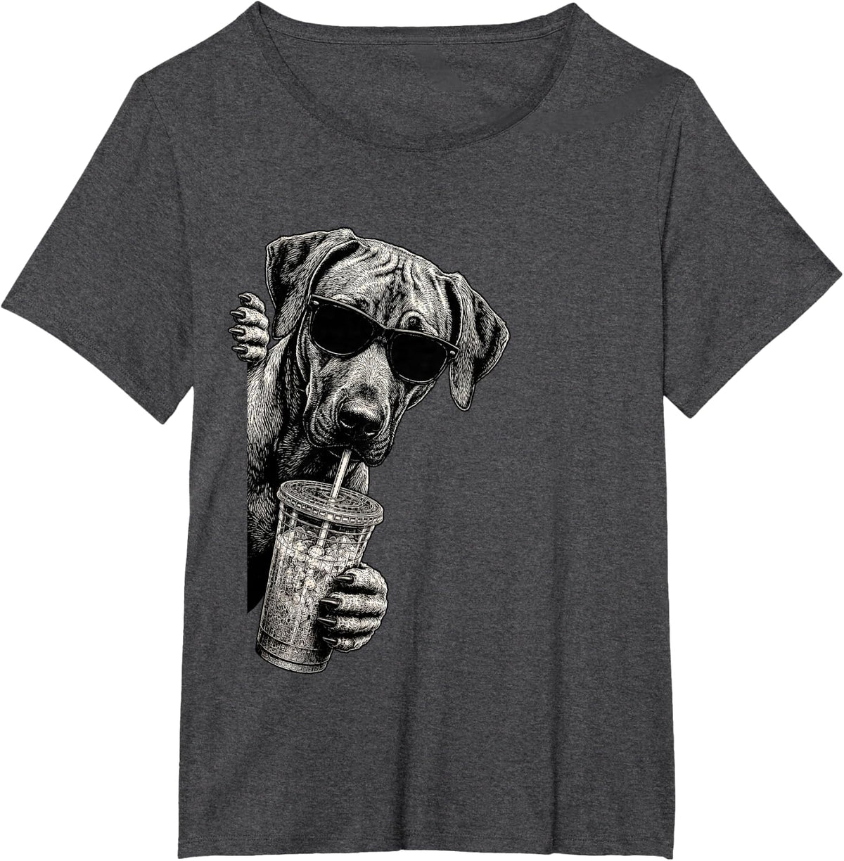 Rhodesian Ridgeback Dog Peeking Drinking Iced Coffee Humor T-Shirt - Dark Heather Grey