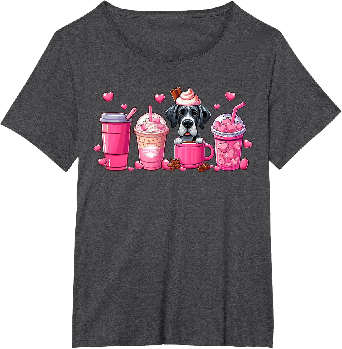 Great Dane Inside Cup Coffees Lover Valentine's Day Hearts T-Shirt - Dark Heather Grey