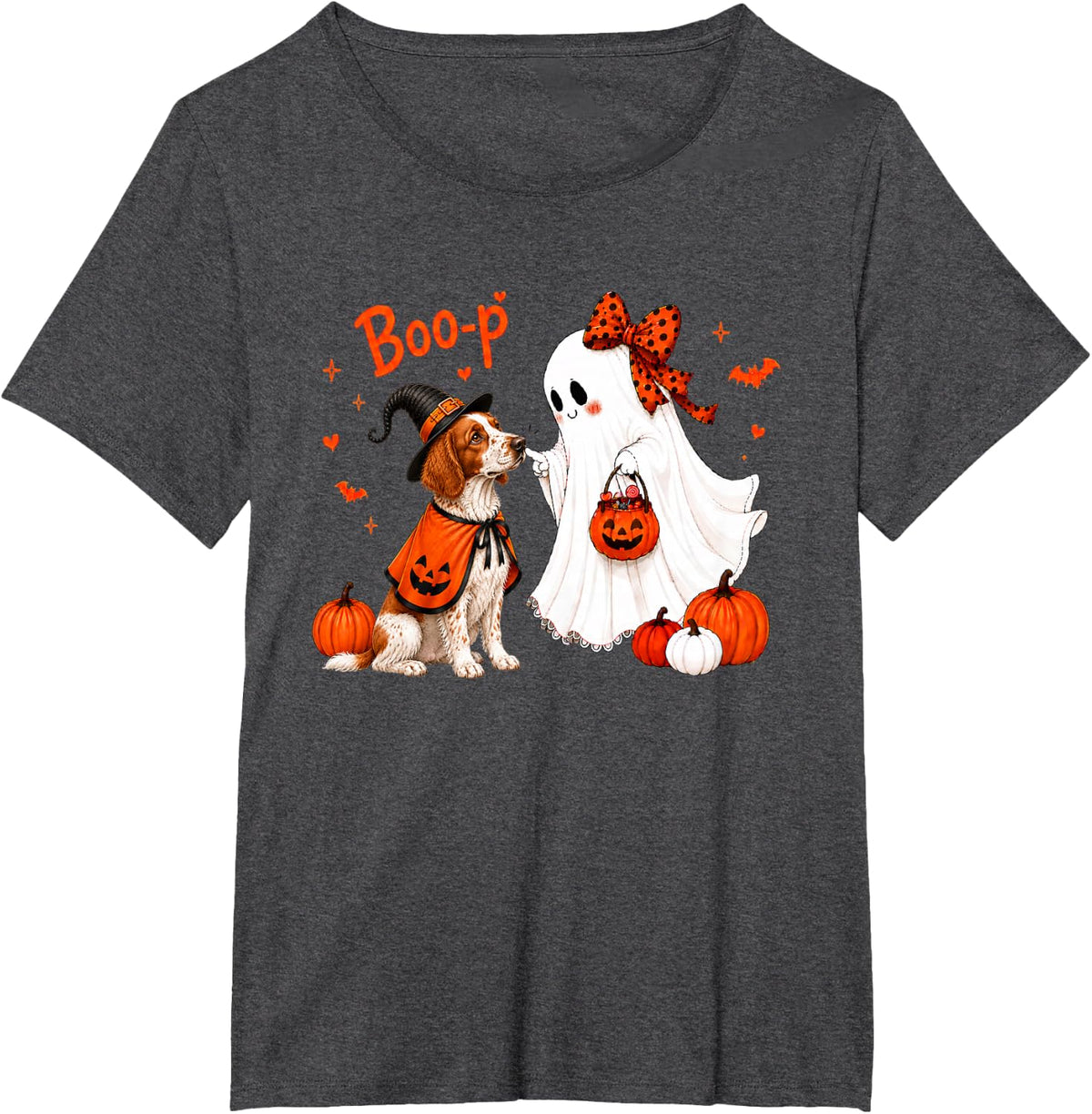 Brittany Spaniel Boo Boo-p Ghost Nose Boop Halloween Dog T-Shirt - Dark Heather Grey