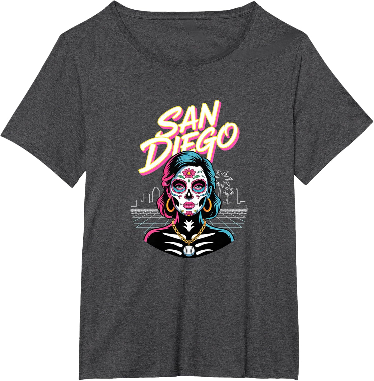 San Diego Sugar Skull Synthwave Retro Baseball 80s T-Shirt - Dark Heather Grey