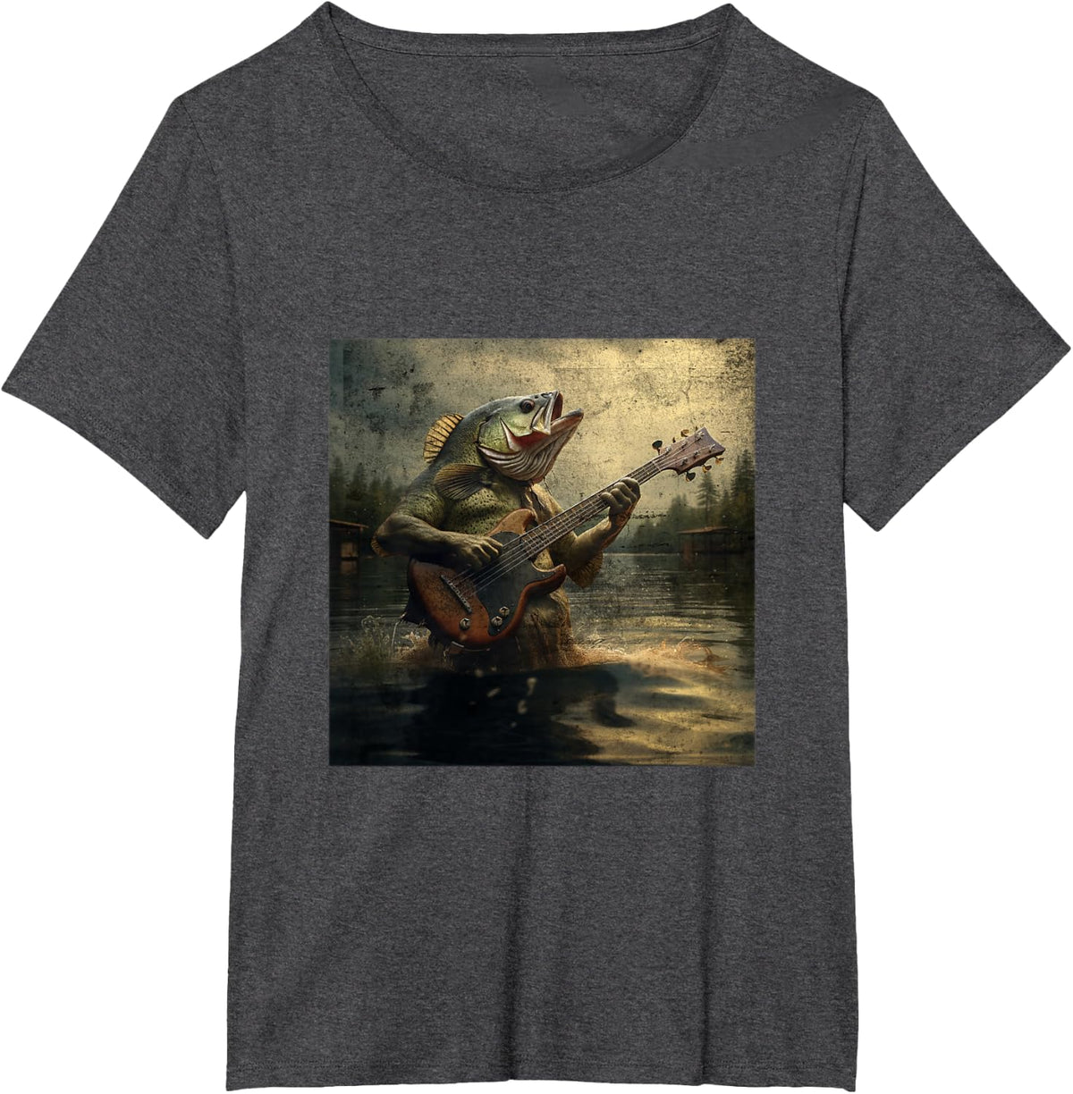 Weird Bass Fish Playing Bass Guitar Funny Cursed Meme T-Shirt - Dark Heather Grey