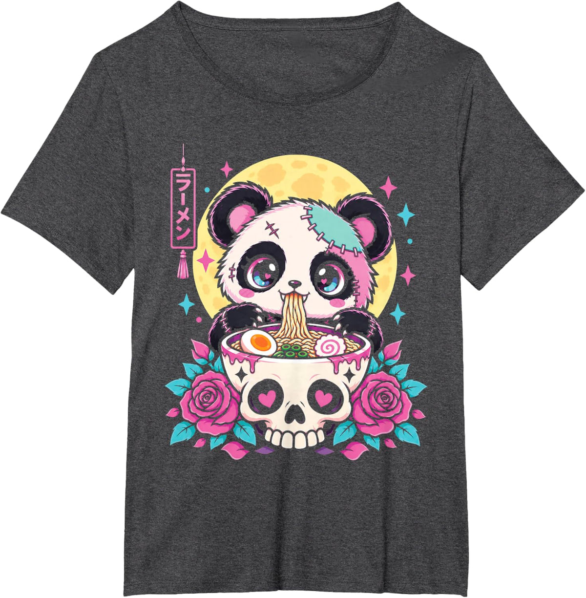 Pastel Goth Kawaii Panda Zombie Eating Ramen Noodles T-Shirt - Dark Heather Grey