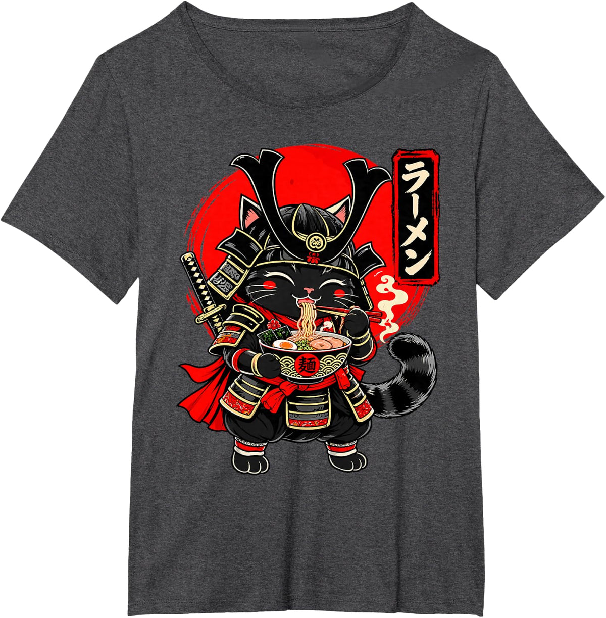 Cute Samurai Cat Eating Ramen Kawaii Japanese Warrior T-Shirt - Dark Heather Grey