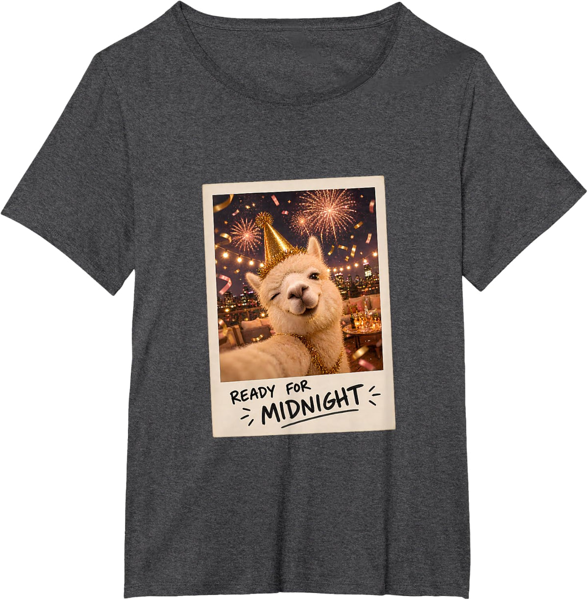 Ready for Midnight Alpaca Selfie New Year Party Fun T-Shirt - Dark Heather Grey