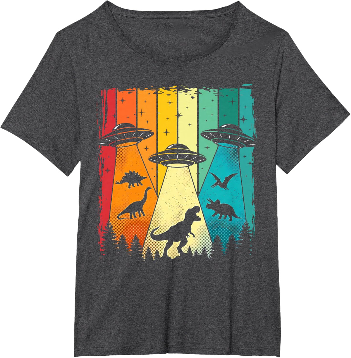 Cool Dinosaur Art for Men Women UFO Alien Abduction Dinosaur T-Shirt - Dark Heather Grey