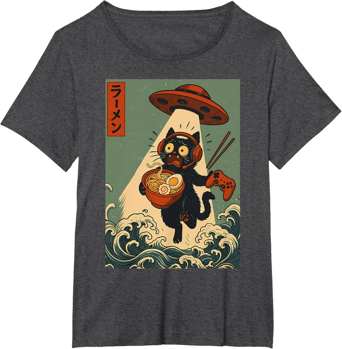 Funny Black Cat UFO Ramen Gamer Japanese Retro T-Shirt - Dark Heather Grey