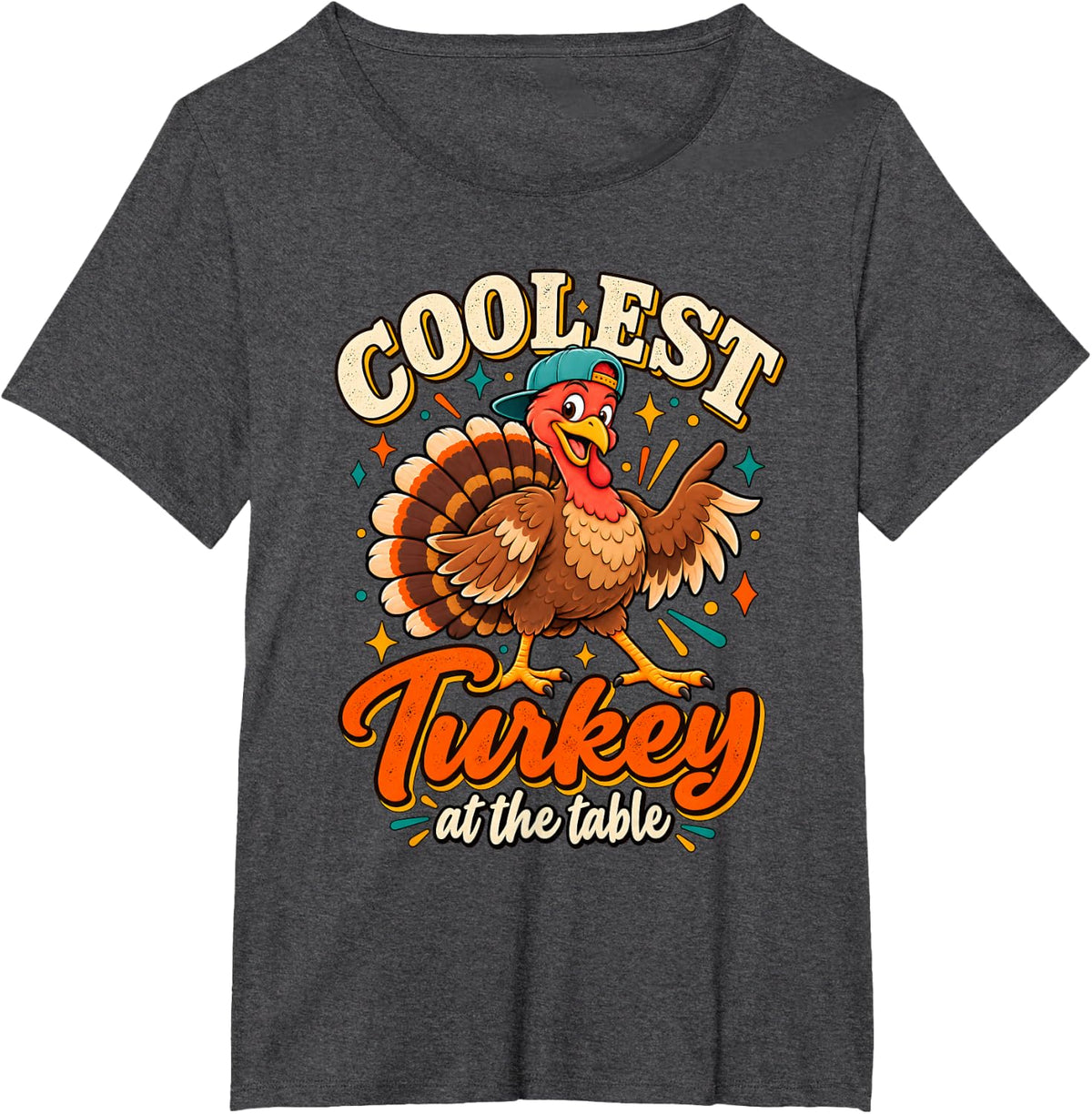 Thanksgiving Funny Turkey Cartoon Colorful Family Dinner T-Shirt - Dark Heather Grey
