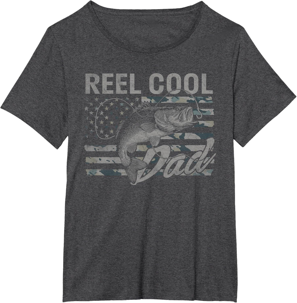 Reel Cool Dad Camo American Flag Bass Fishing T-Shirt - Dark Heather Grey