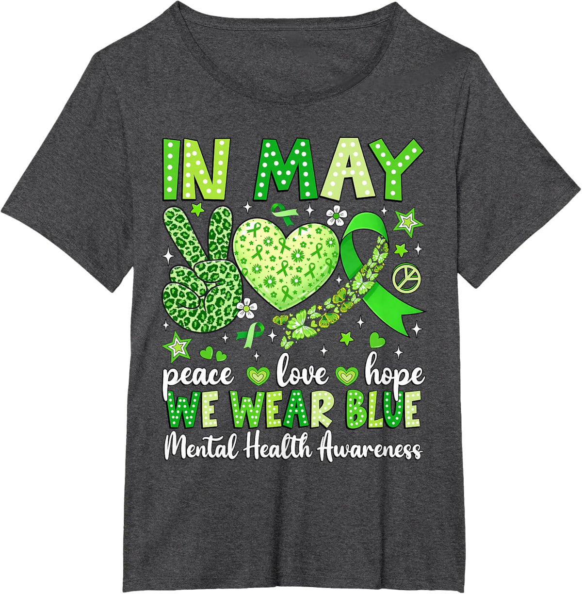 Peace Love Hope Mental Health Awareness Green Ribbon Kids T-Shirt - Dark Heather Grey