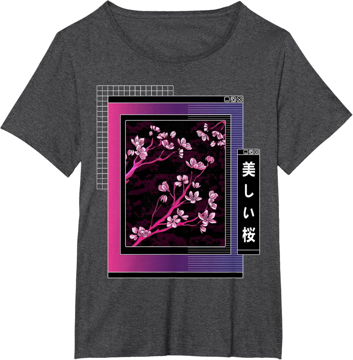 Japanese Sakura Vaporwave T-Shirt - Dark Heather Grey