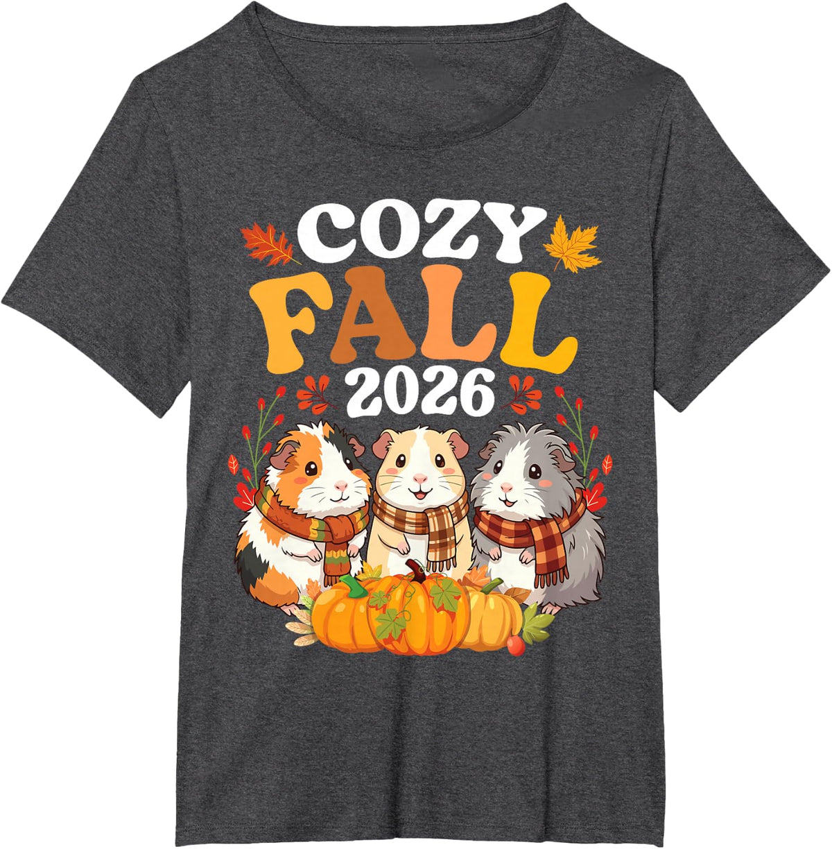 Cozy Fall 2026 Genuine Pig Together Autumn Leaves Pumpkin T-Shirt - Dark Heather Grey