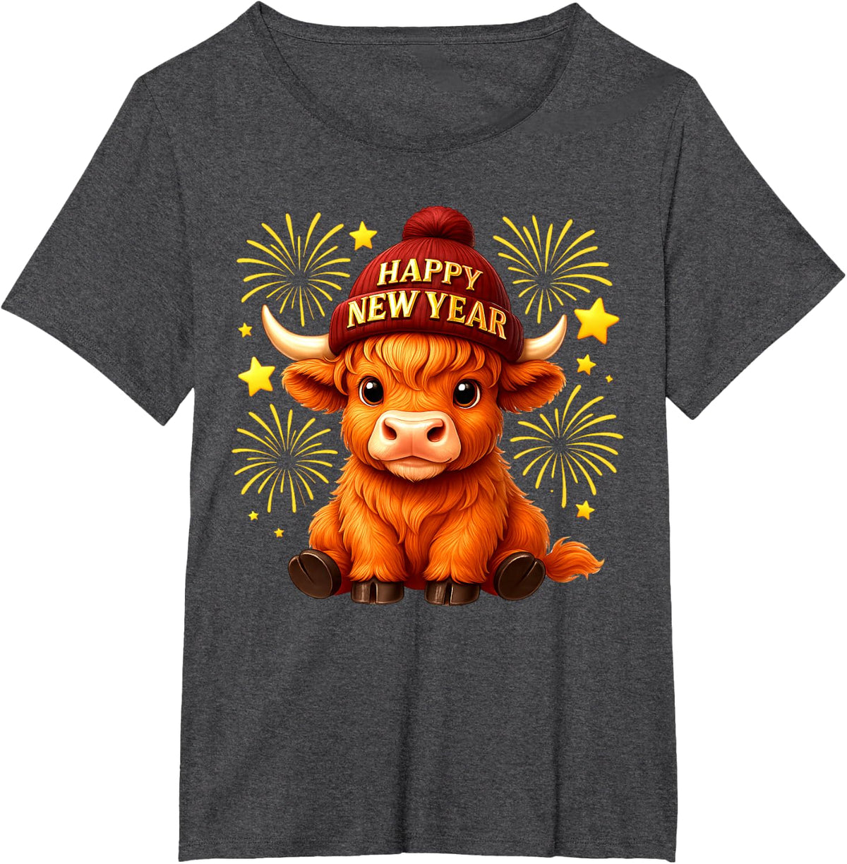 Happy New Year 2026 Highland Cow & Party Hat New Years Eve T-Shirt - Dark Heather Grey