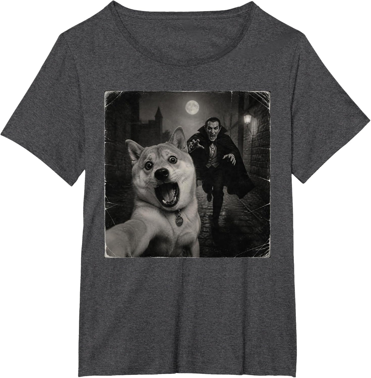 Funny Halloween Vampire Shiba Inu Selfie T-Shirt - Dark Heather Grey