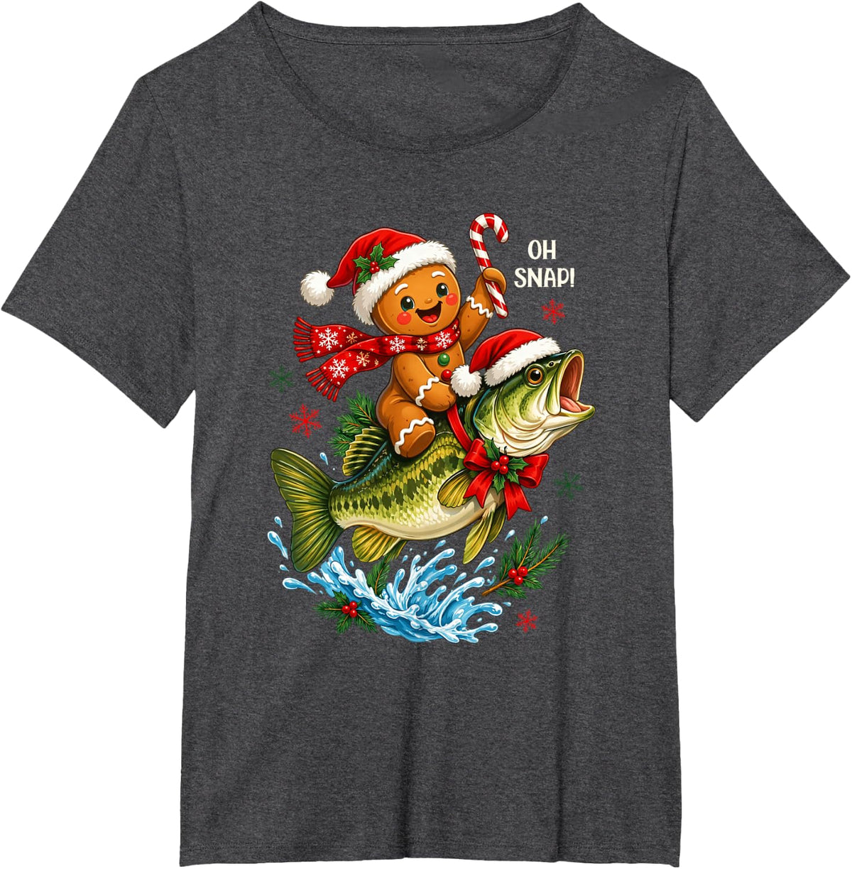 Gingerbread Riding Bass Fish Christmas Fishing Xmas T-Shirt - Dark Heather Grey