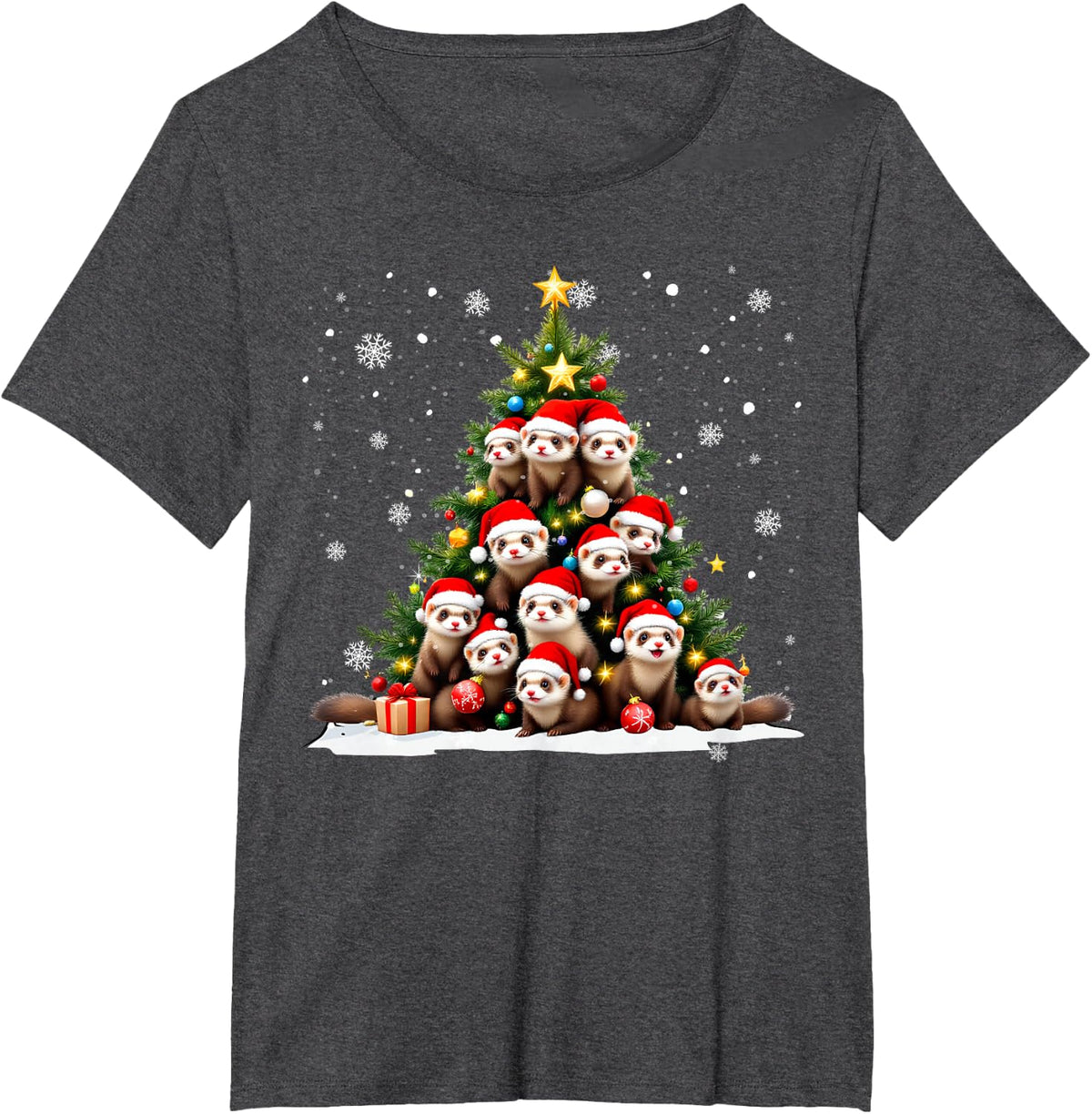 Funny Christmas Tree Ferrets Family Xmas Pajamas T-Shirt - Dark Heather Grey