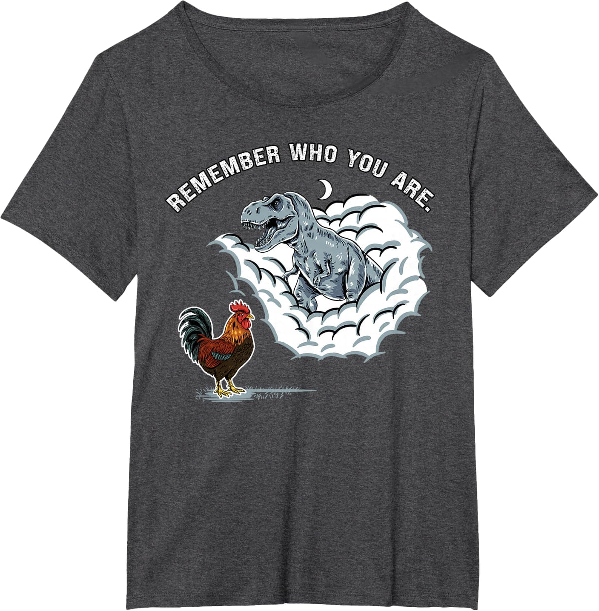 Funny Chicken Dinosaur Remember Who You are Evolution Meme T-Shirt - Dark Heather Grey