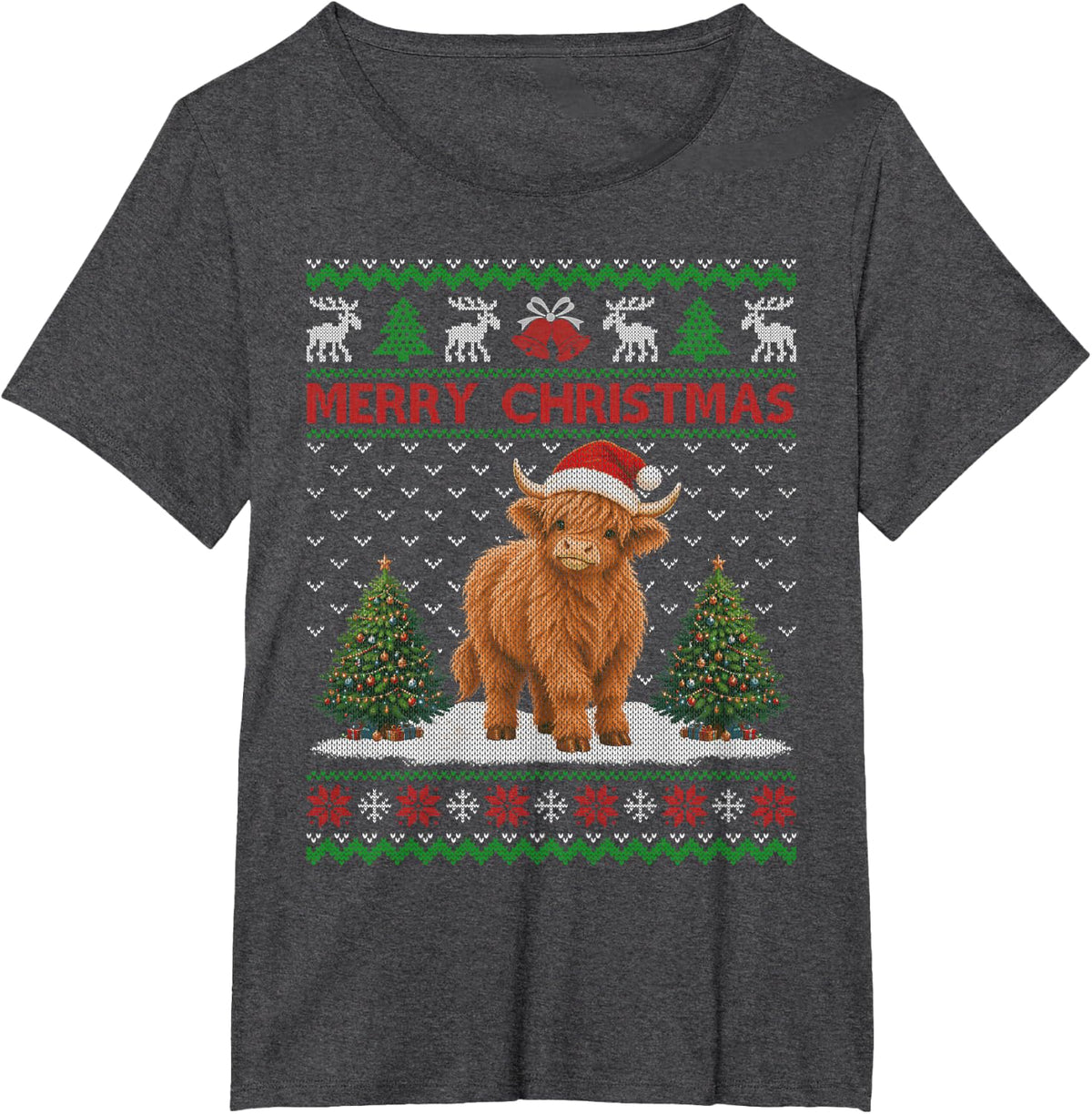 Cute Highland Cow Santa Hat Animal Ugly Christmas Sweater T-Shirt - Dark Heather Grey