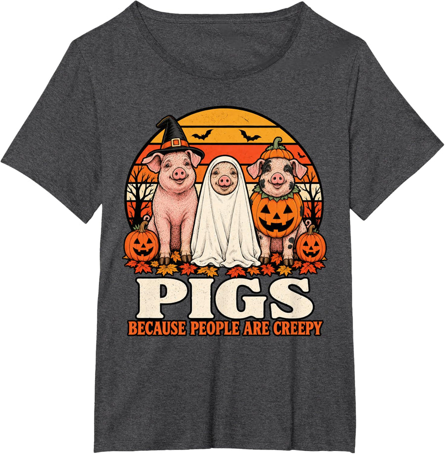 Pigs Because People are Creepy Halloween Farm Animal T-Shirt - Dark Heather Grey