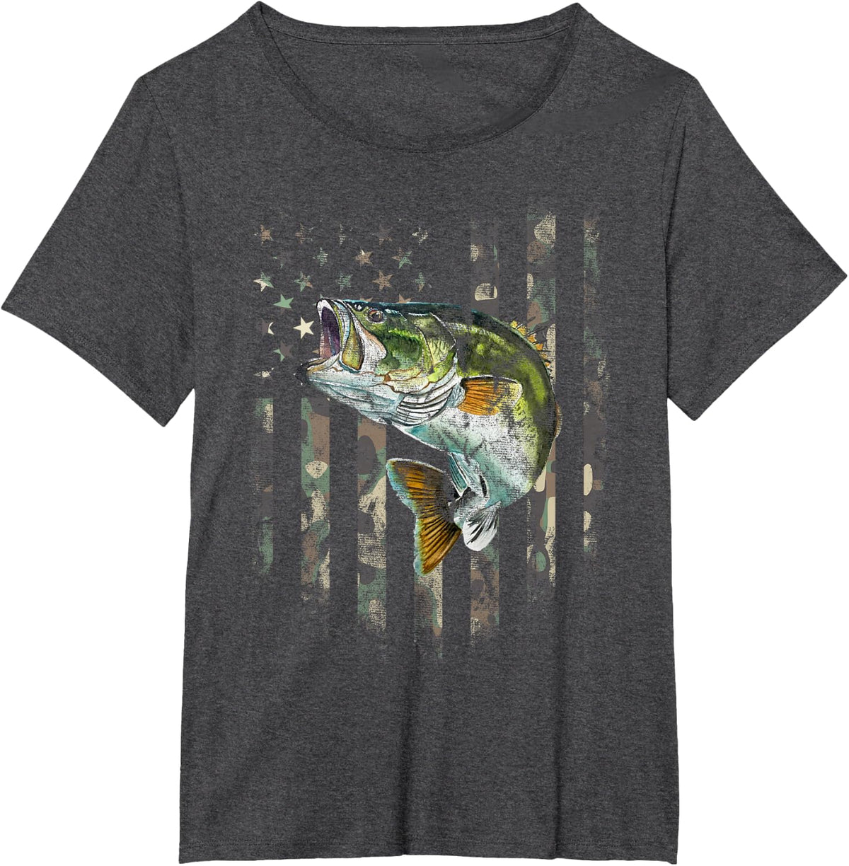 Camo American Flag Bass Fishing Fishermen Patriotic USA Flag T-Shirt - Dark Heather Grey