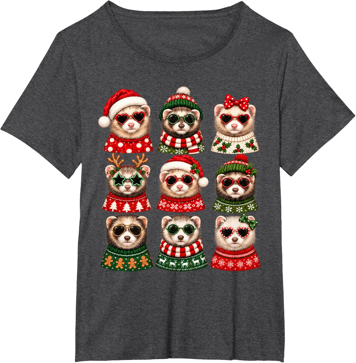 Funny Christmas Ferrets Santa Reindeer Family Xmas Pajamas T-Shirt - Dark Heather Grey