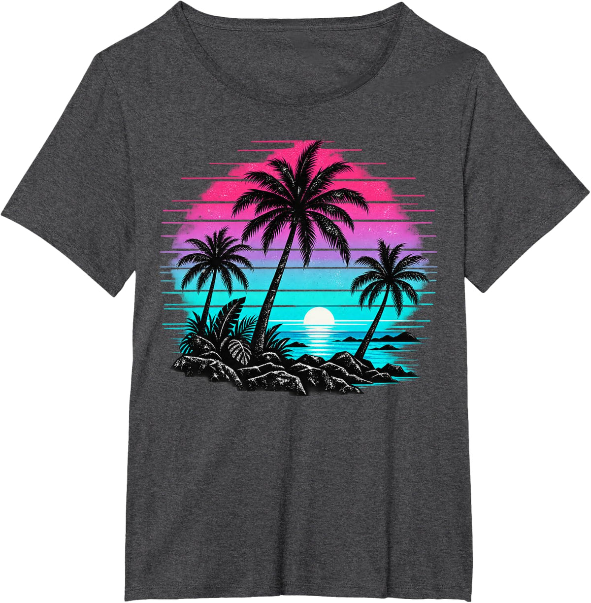 Retro Synthwave Palm Tree Island Silhouette T-Shirt - Dark Heather Grey