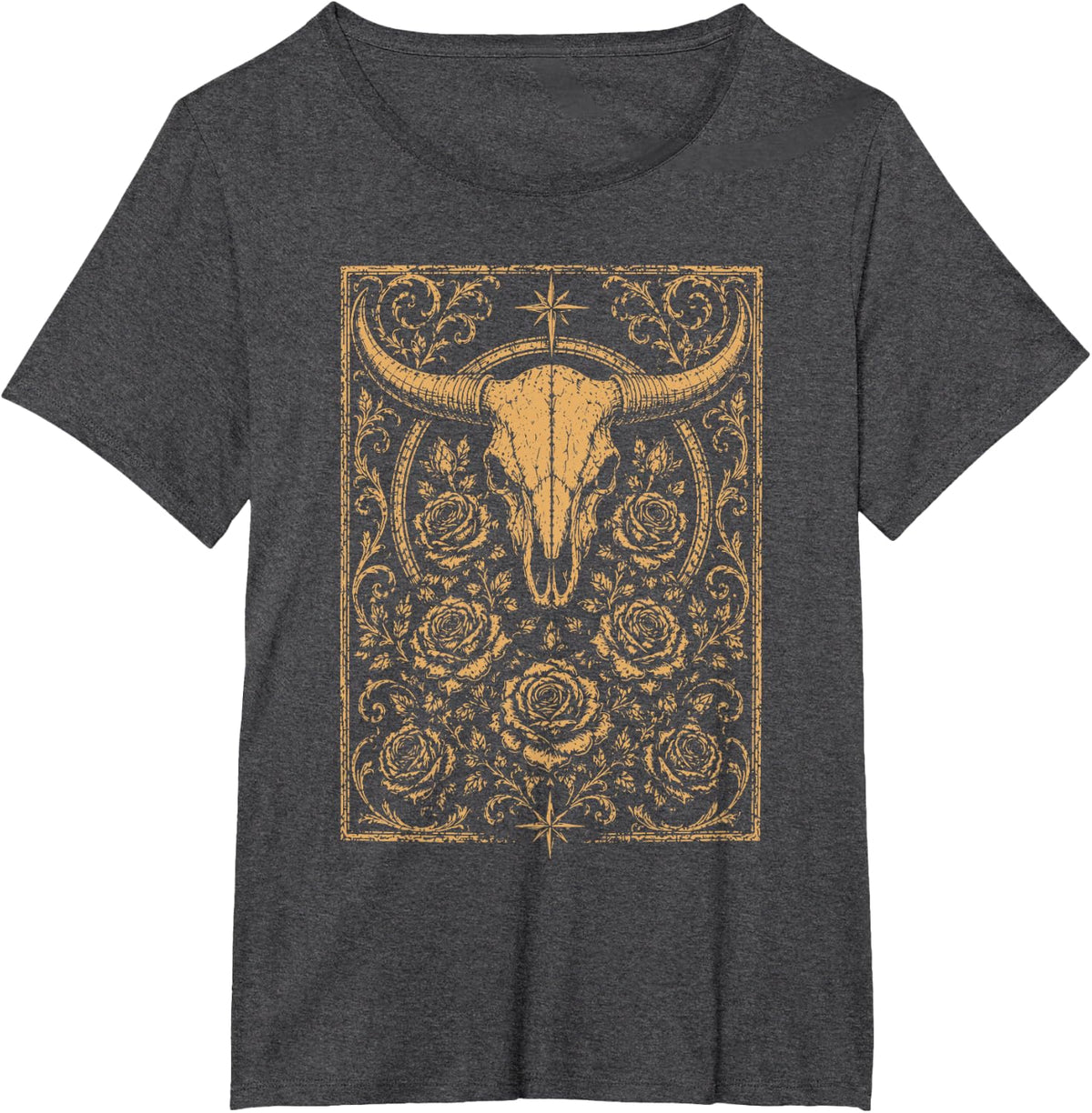 Celestial Rose Flower Cow Skull Western Gothic Mystical T-Shirt - Dark Heather Grey