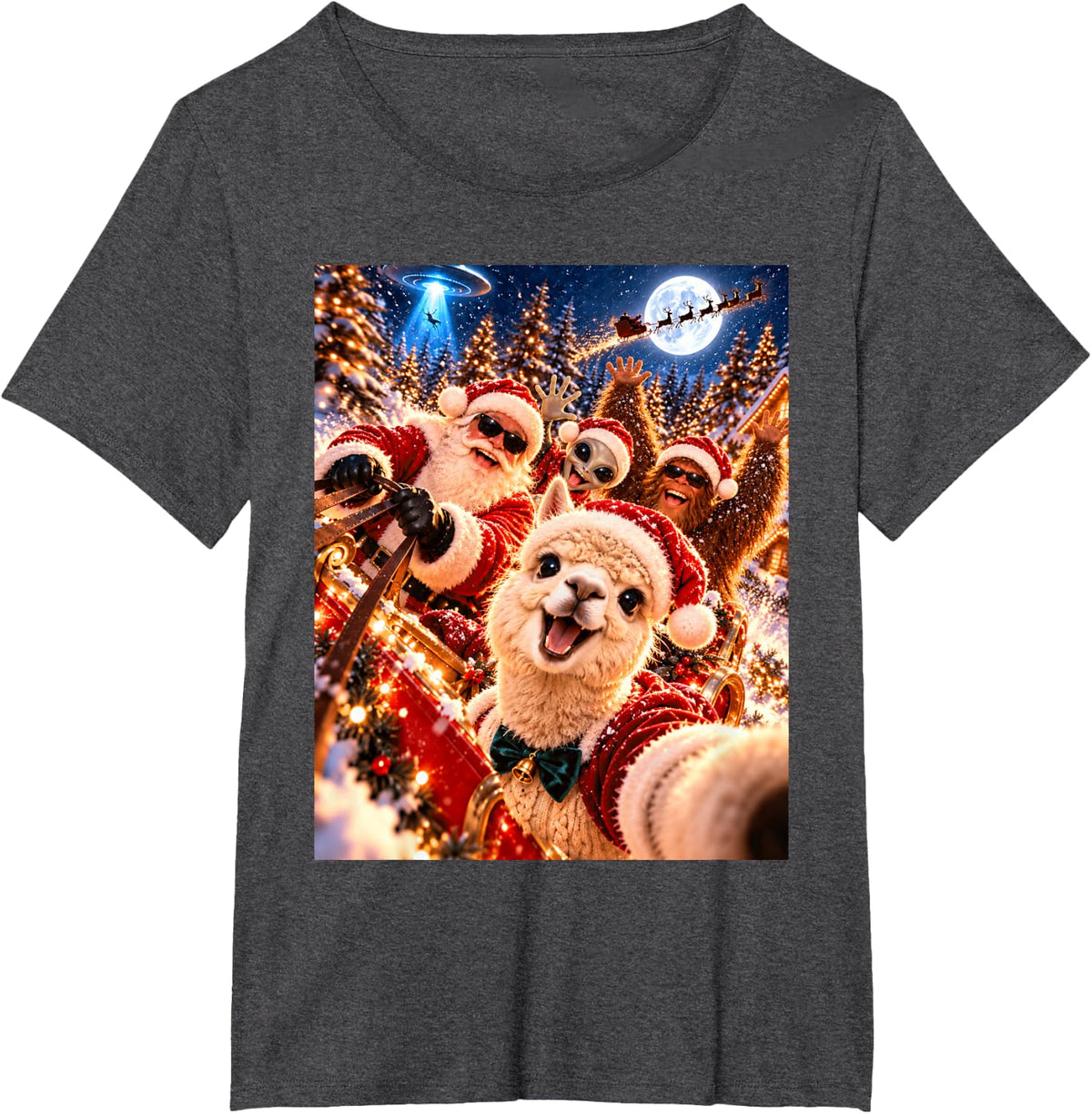 Playful Alpaca Santa Christmas Selfie UFO Graphic T-Shirt - Dark Heather Grey