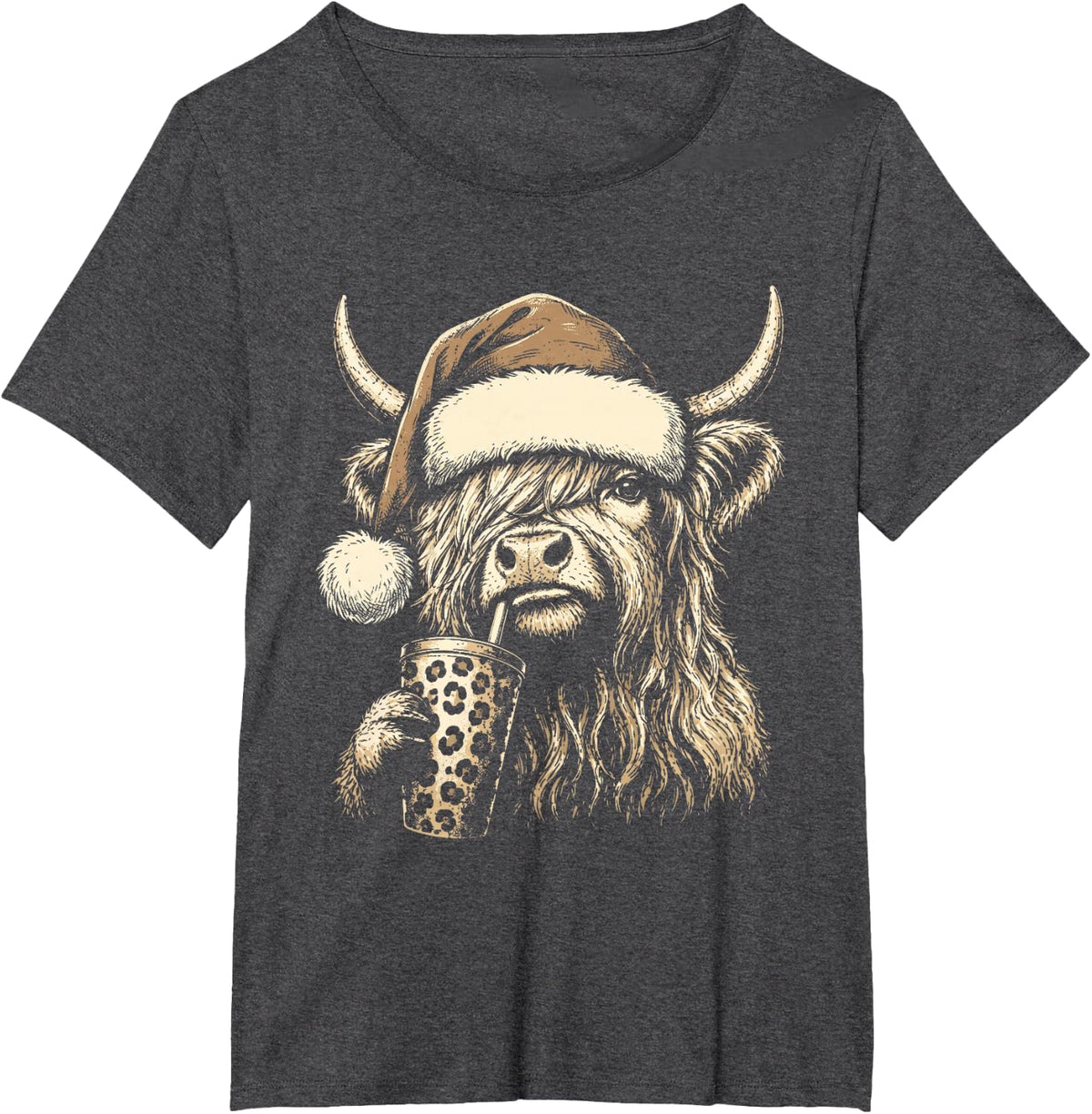 Funny Santa Hat Highland Cow Coffee Leopard Skin Christmas T-Shirt - Dark Heather Grey