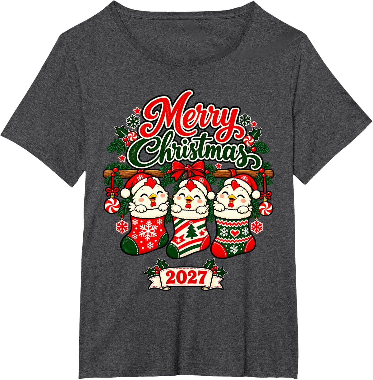 Merry Christmas 2027 Happy Chicken in Stockings Men Women T-Shirt - Dark Heather Grey