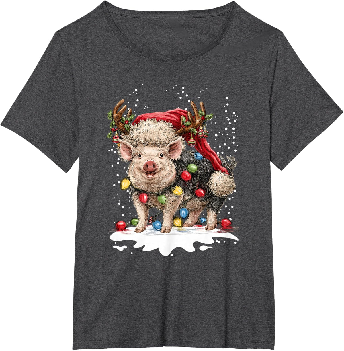 Retro Christmas Pig Reindeer Animal Lover T-Shirt - Dark Heather Grey
