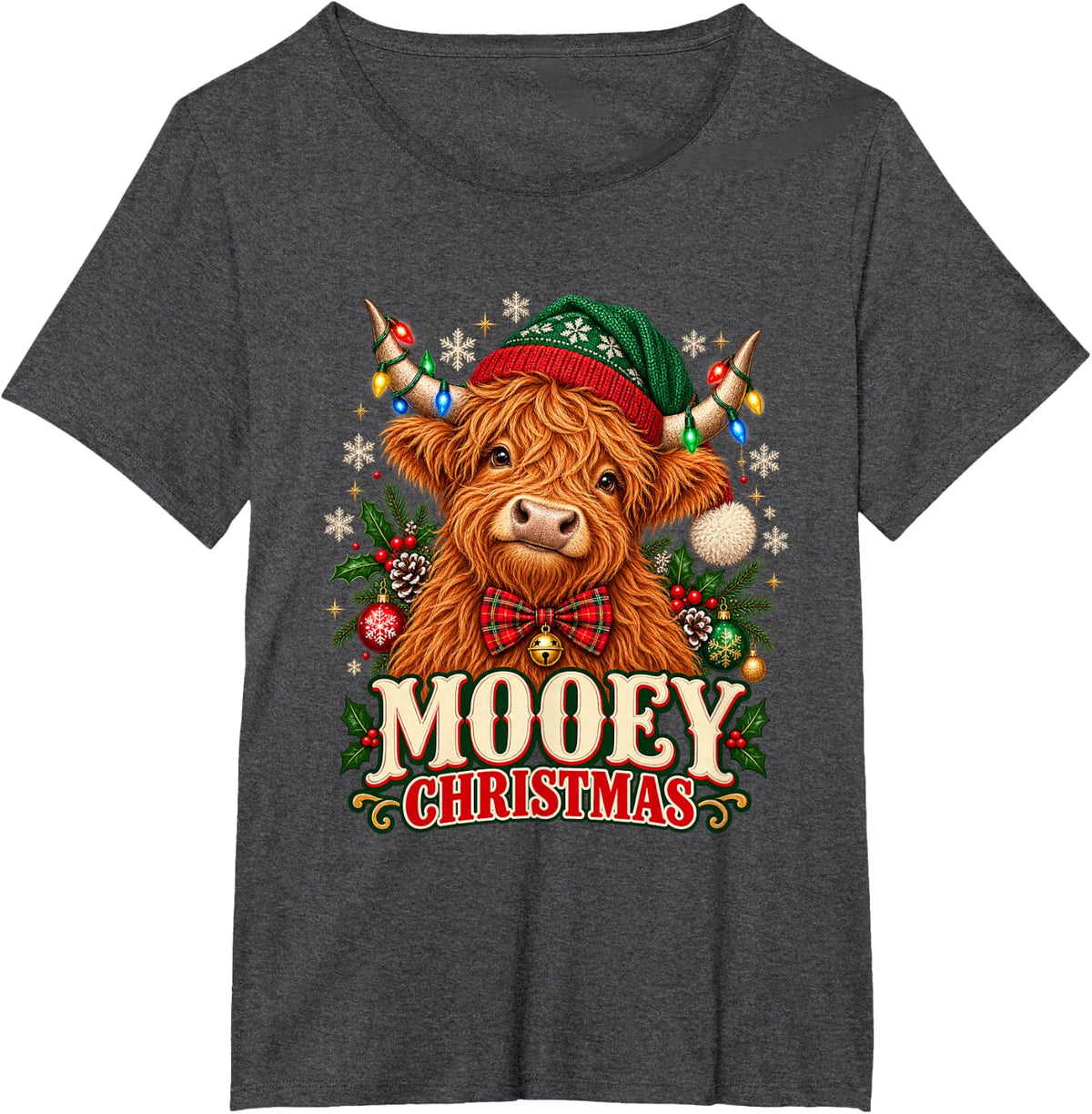 Western Mooey Christmas Santa Highland Cow Farm Animals Xmas T-Shirt - Dark Heather Grey