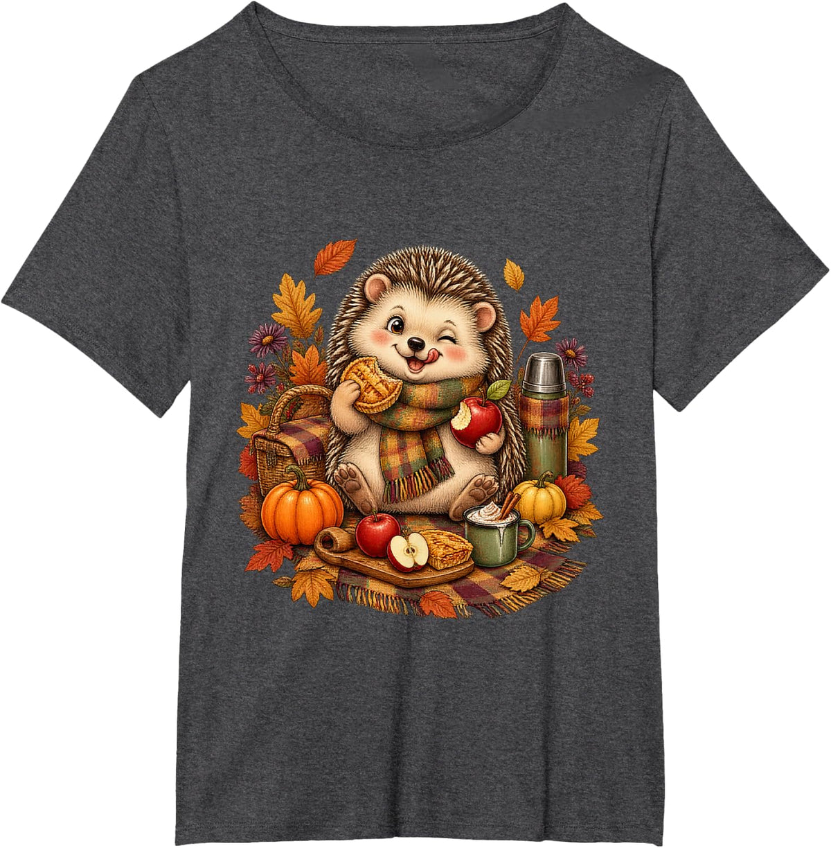 Cozy Hedgehog Autumn Picnic T-Shirt - Dark Heather Grey