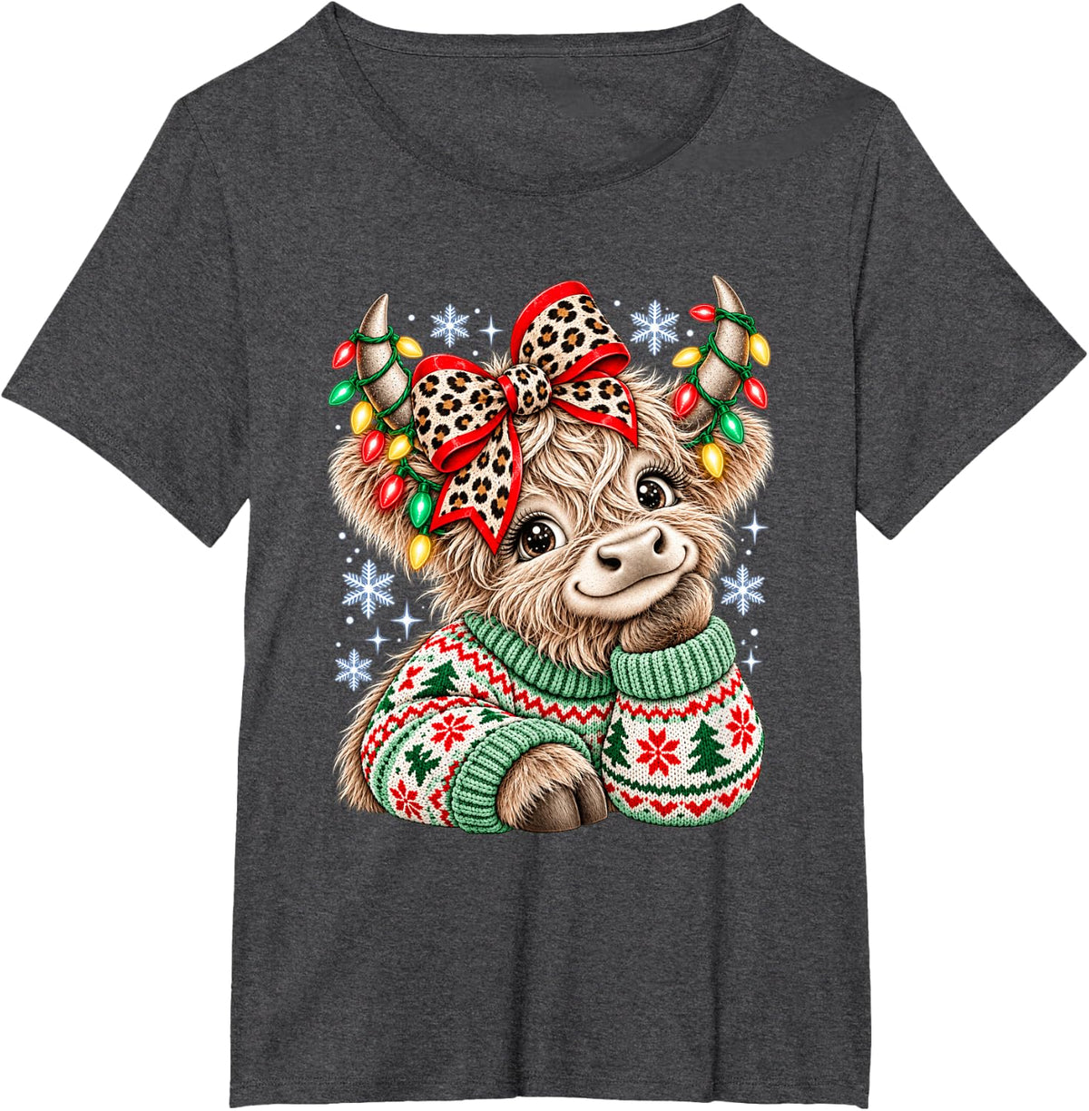 Christmas Highland Cow Cute Cow Leopard Coquette Bow T-Shirt - Dark Heather Grey