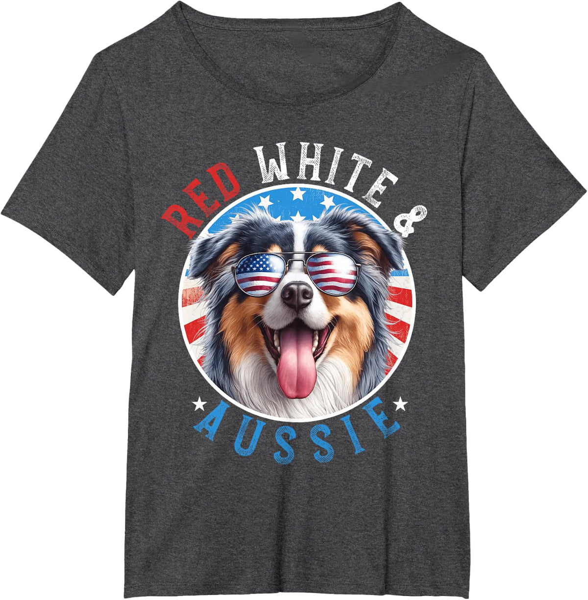 Australian Shepherd Dog 4th of July Red White and Aussie T-Shirt - Dark Heather Grey