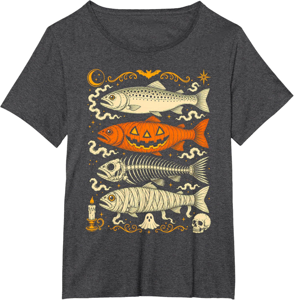 Halloween Trout Fishing Skeleton Mummy Pumpkin Spooky Fish Tee T-Shirt for Anglers - Dark Heather Grey