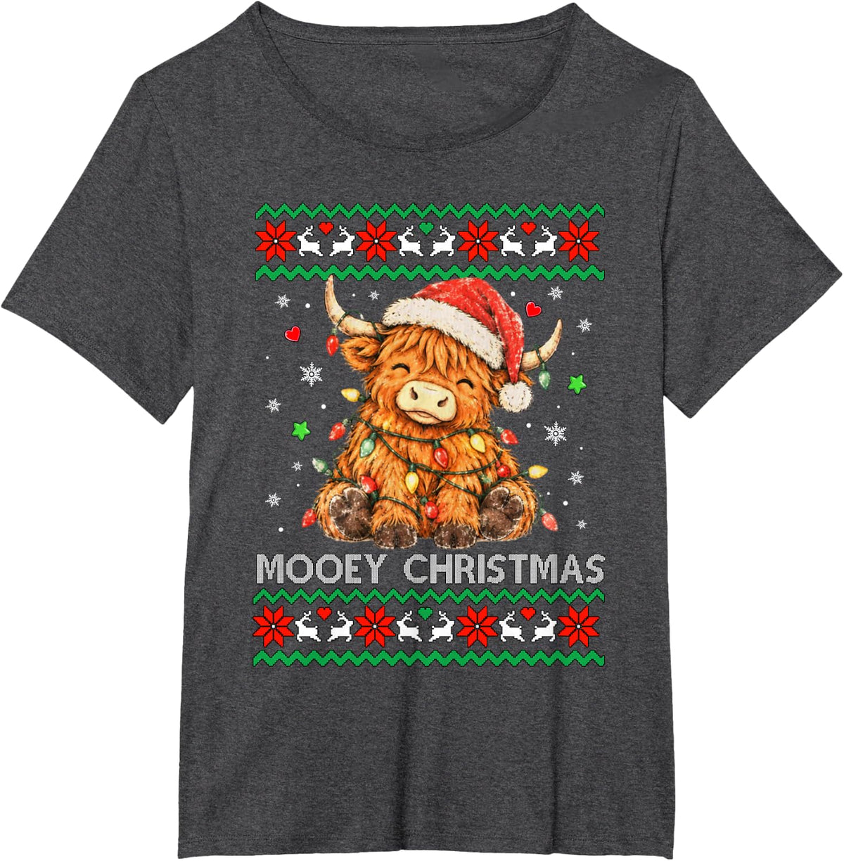 Mooey Christmas Santa Highland Cow Farm Animals Western Xmas T-Shirt - Dark Heather Grey