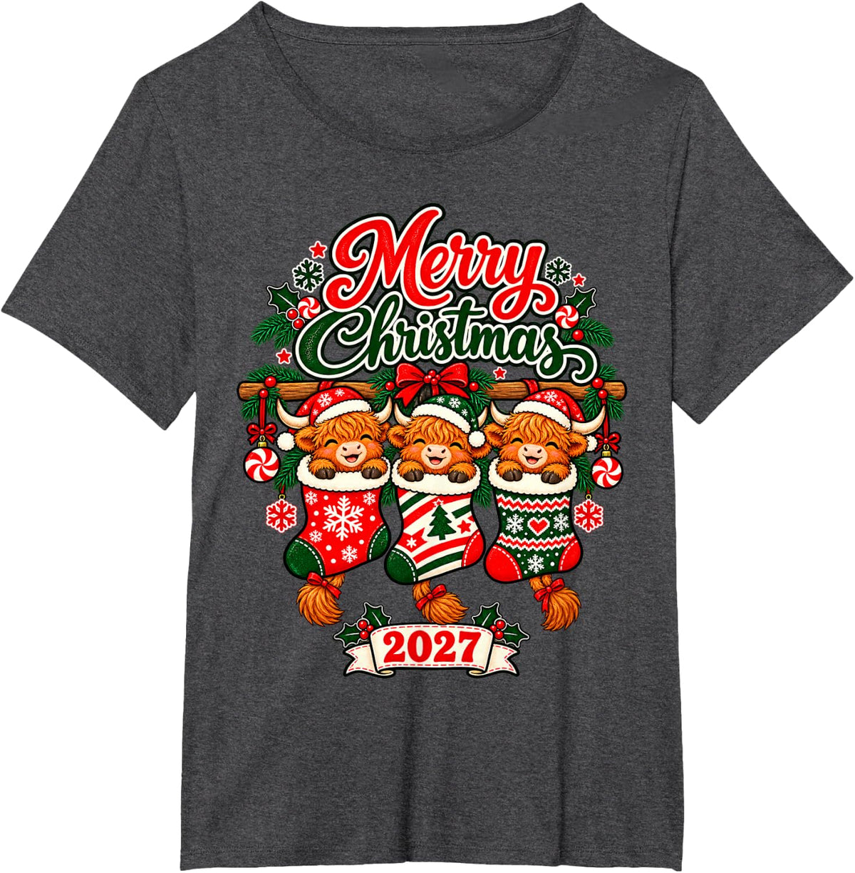Merry Christmas 2027 Happy Highland Cow in Stockings T-Shirt - Dark Heather Grey