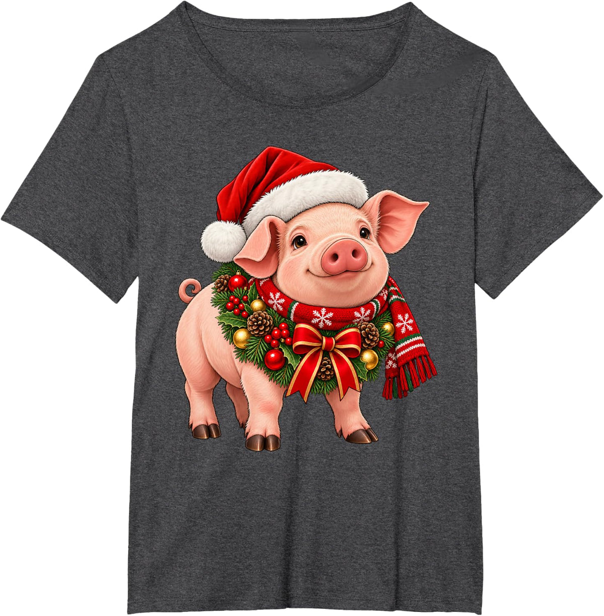 Pig Christmas Xmas T-Shirt - Dark Heather Grey