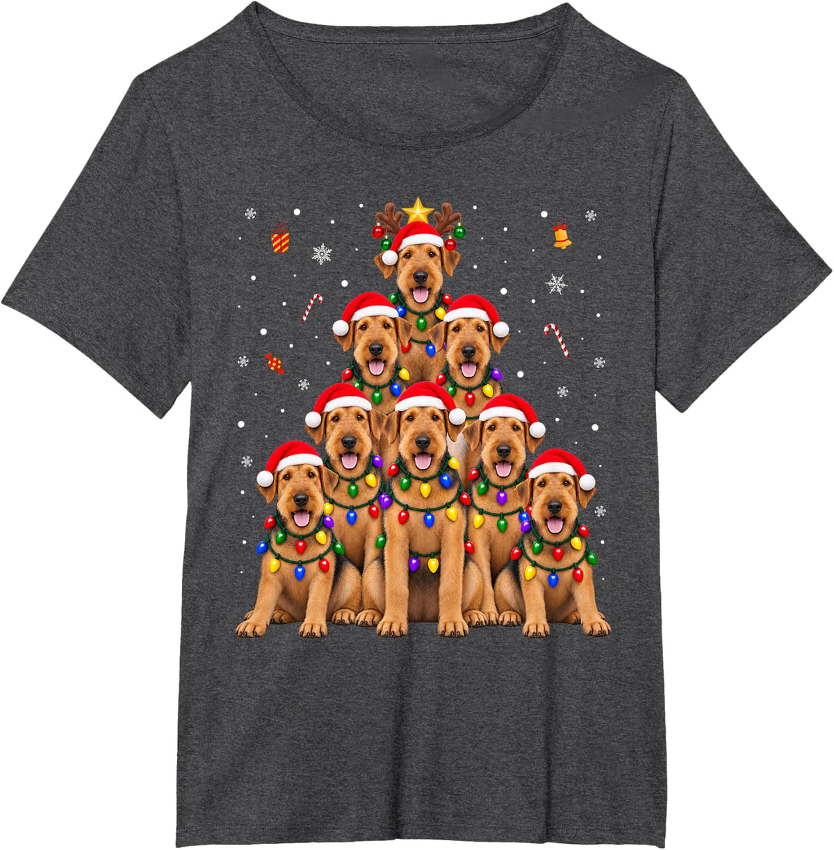 Airedale Terrier Christmas Tree Dogs Santa Hats Lights Xmas T-Shirt - Dark Heather Grey