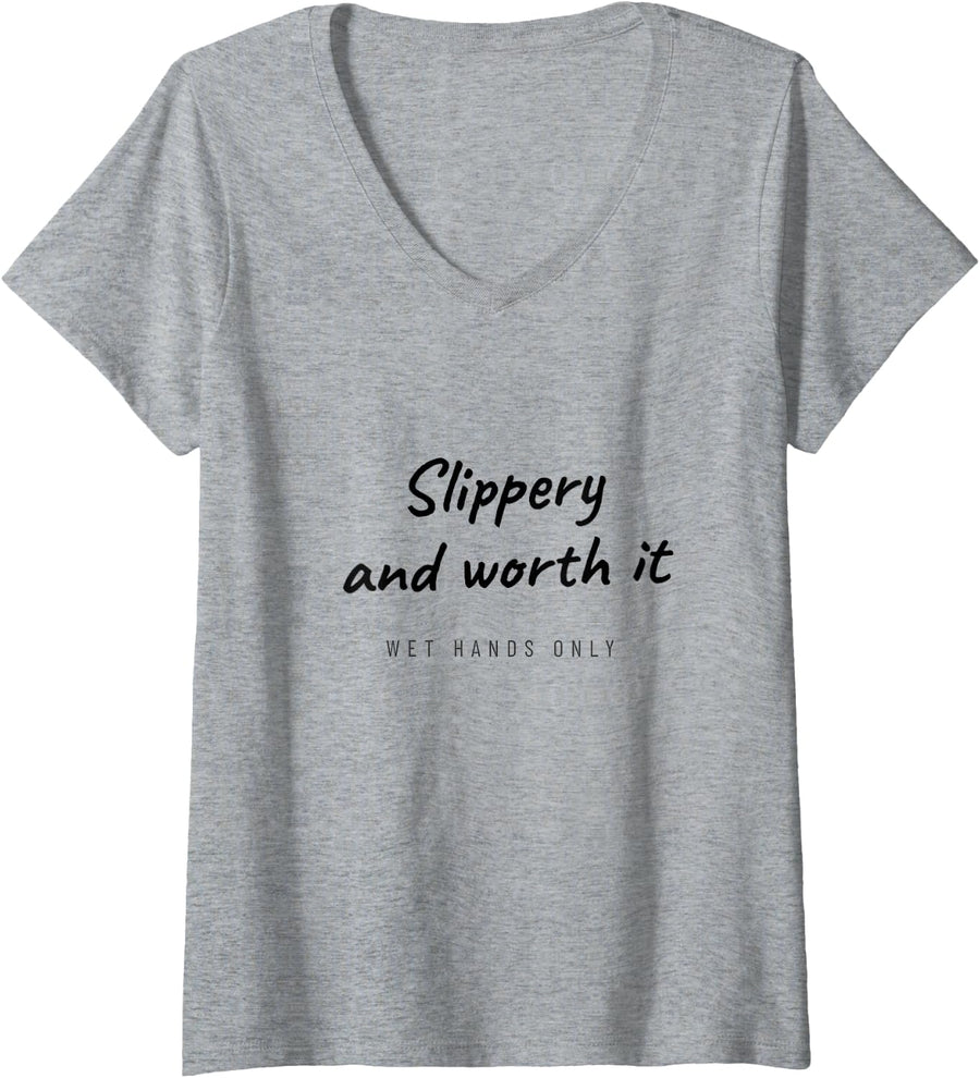 Women's Trout Fishing - Slippery and Worth It - Fly Fishing V-Neck T-Shirt - Heather Grey