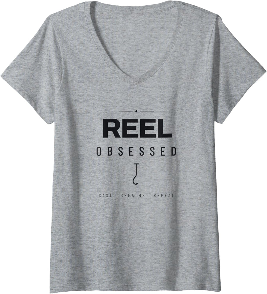 Women's Fishing Reel Obsessed Bass Angler Fly Rod Funny Angler V-Neck T-Shirt - Heather Grey