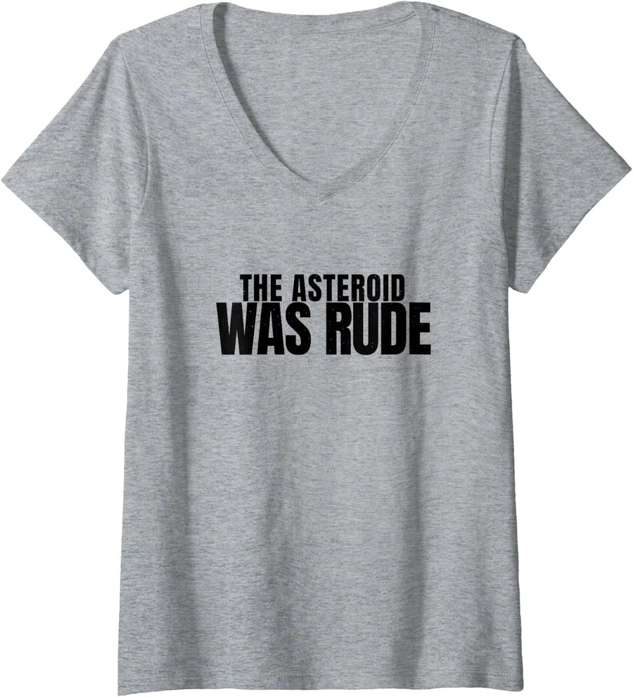 Women's Dinosaur - The Asteroid was Rude - Dino Lover V-Neck T-Shirt - Heather Grey