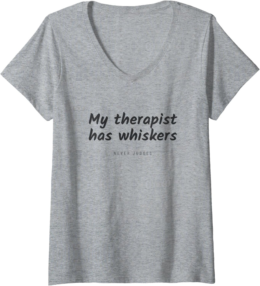 Women's Cat - My Therapist Has Whiskers - Funny Cat Lover V-Neck T-Shirt - Heather Grey