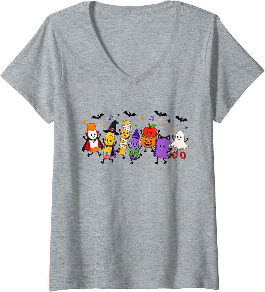 Women's Teacher Fall Autumn Halloween School Supplies Vampire Ghost V-Neck T-Shirt - Heather Grey