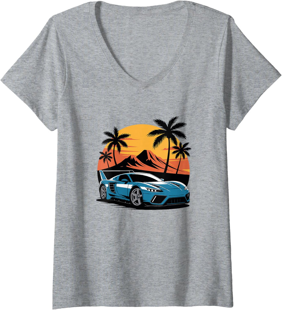 Women's Synthwave Supercar Retro Tropical Sports Car Art V-Neck T-Shirt - Heather Grey