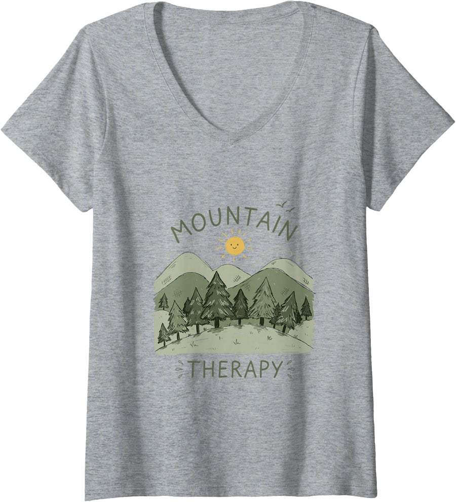 Women's Mountain Therapy, Hiker Hiking Camping Outdoor Mountains V-Neck T-Shirt - Heather Grey