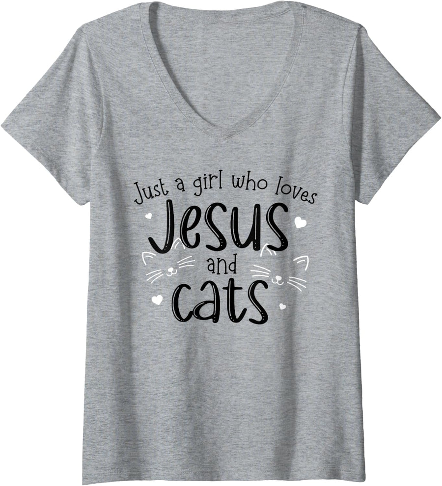 Womens Just A Girl Who Loves Jesus And Cats V-Neck T-Shirt - Heather Grey