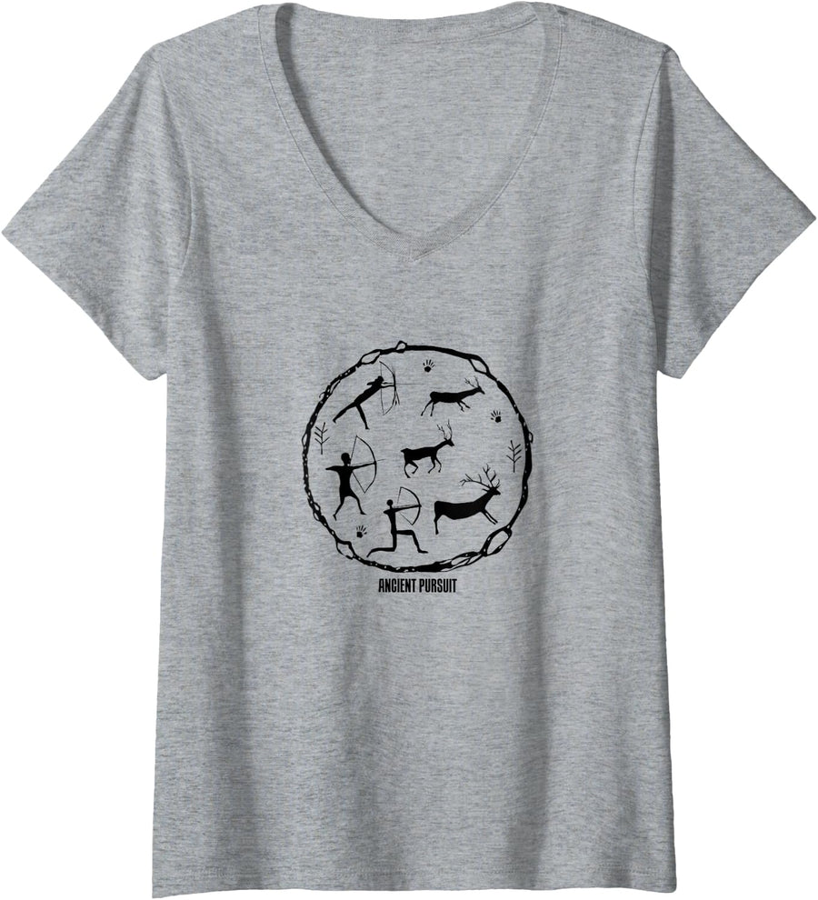 Women's Bow Deer Hunting Funny Cave Painting V-Neck T-Shirt - Heather Grey