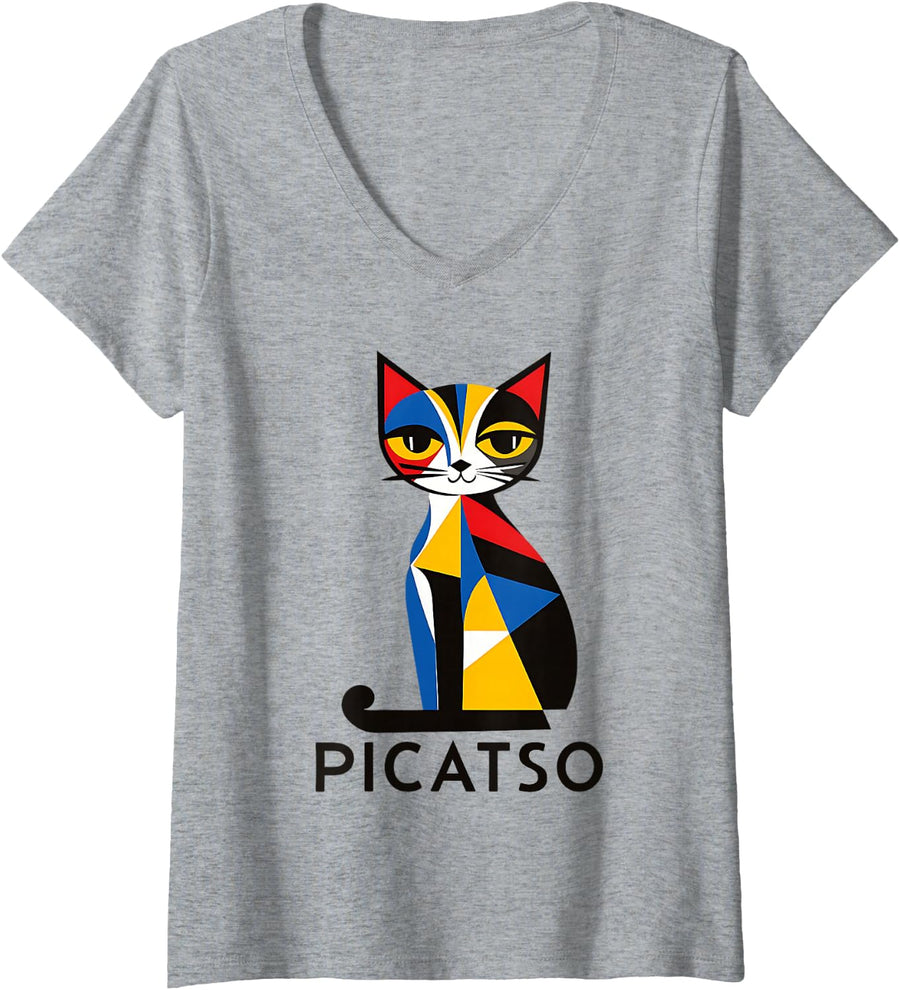 Womens Picatso Cubism Kitty Cat Art - Retro Vintage Feline Design V-Neck T-Shirt - Heather Grey