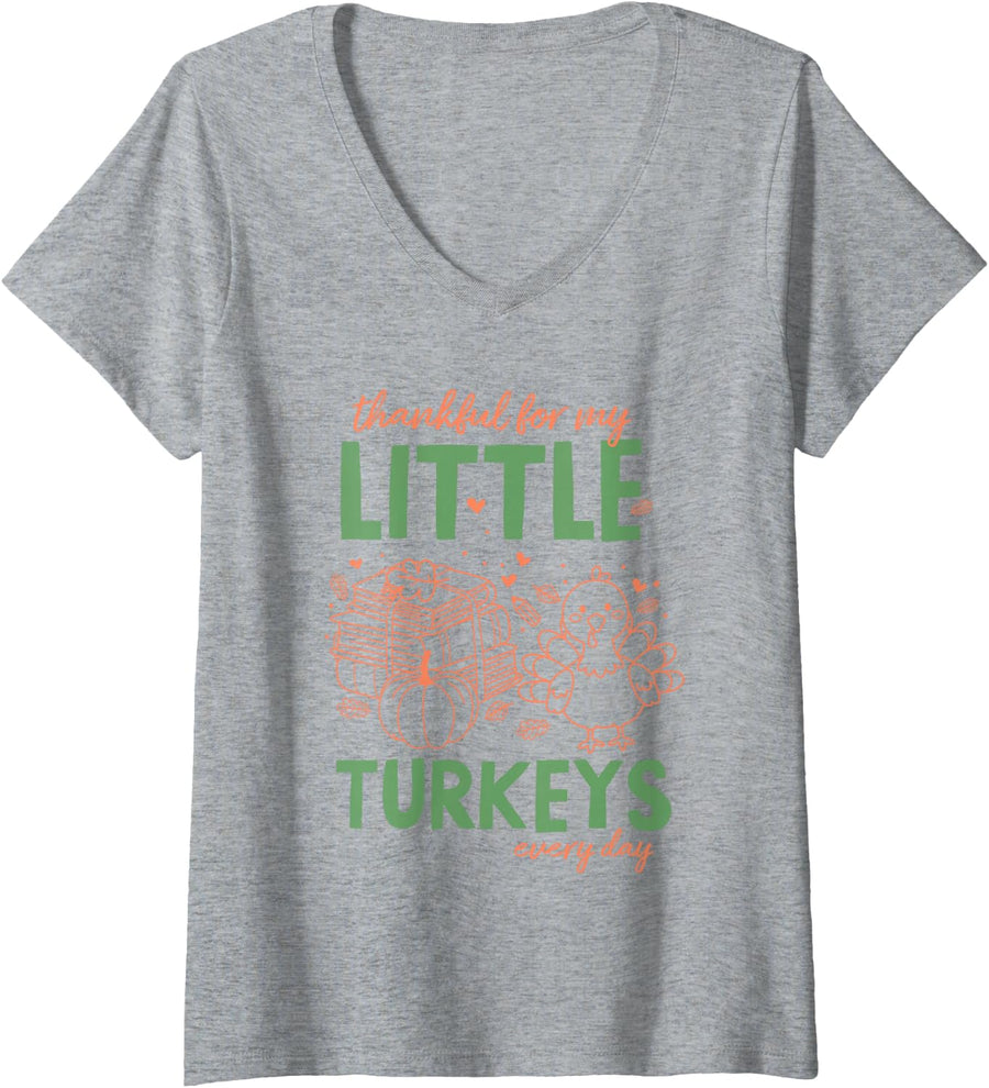 Women's Thankful for My Little Turkeys Cute Teacher Thanksgiving Day V-Neck T-Shirt - Heather Grey